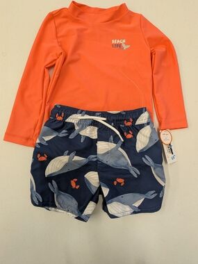 Carter’s Toddler Boys Beach Life Rashguard Swim Set 2T Orange Blue Whale UPF 50